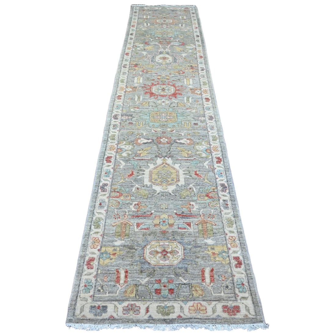 Peshawar Heris Design Wool Hand-Knotted Gray Runner Rug (2'7"x12'3"): Peshawar Heris Design Wool Hand-Knotted Gray Runner Rug (2'7"x12'3") Experience the rich heritage of Afghanistan with this stunning Peshawar Heris design wool hand-knotted gray runner rug, expertly