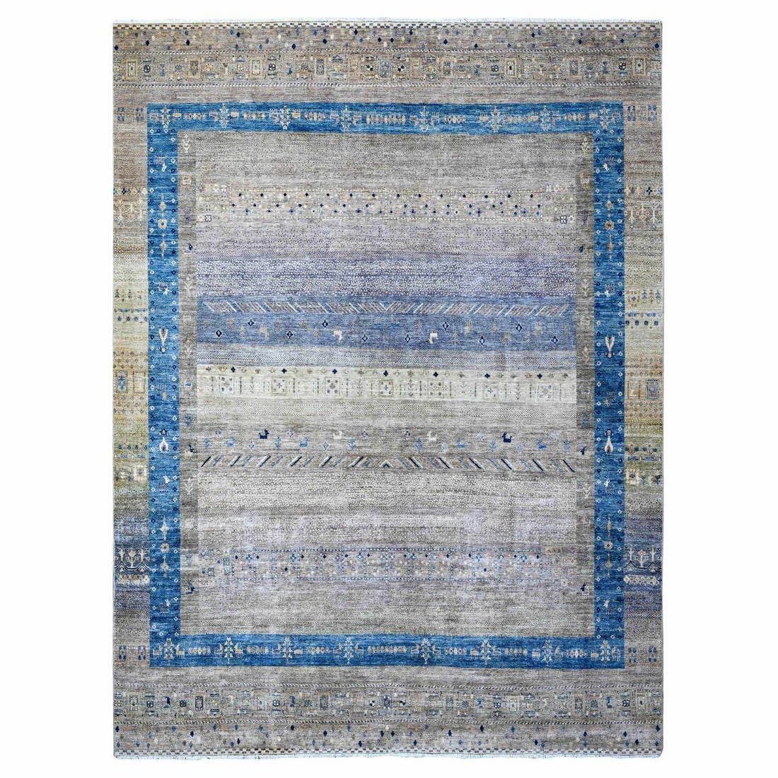 Mindful Gray Fine Kashkuli Gabbeh Hand-Knotted Oriental Rug (9'1"x11'8"): Mindful Gray Fine Kashkuli Gabbeh Hand-Knotted Oriental Rug (9'1"x11'8") Experience the timeless elegance of Afghan craftsmanship with this exquisite Mindful Gray Fine Kashkuli Gabbeh Hand-Knotted