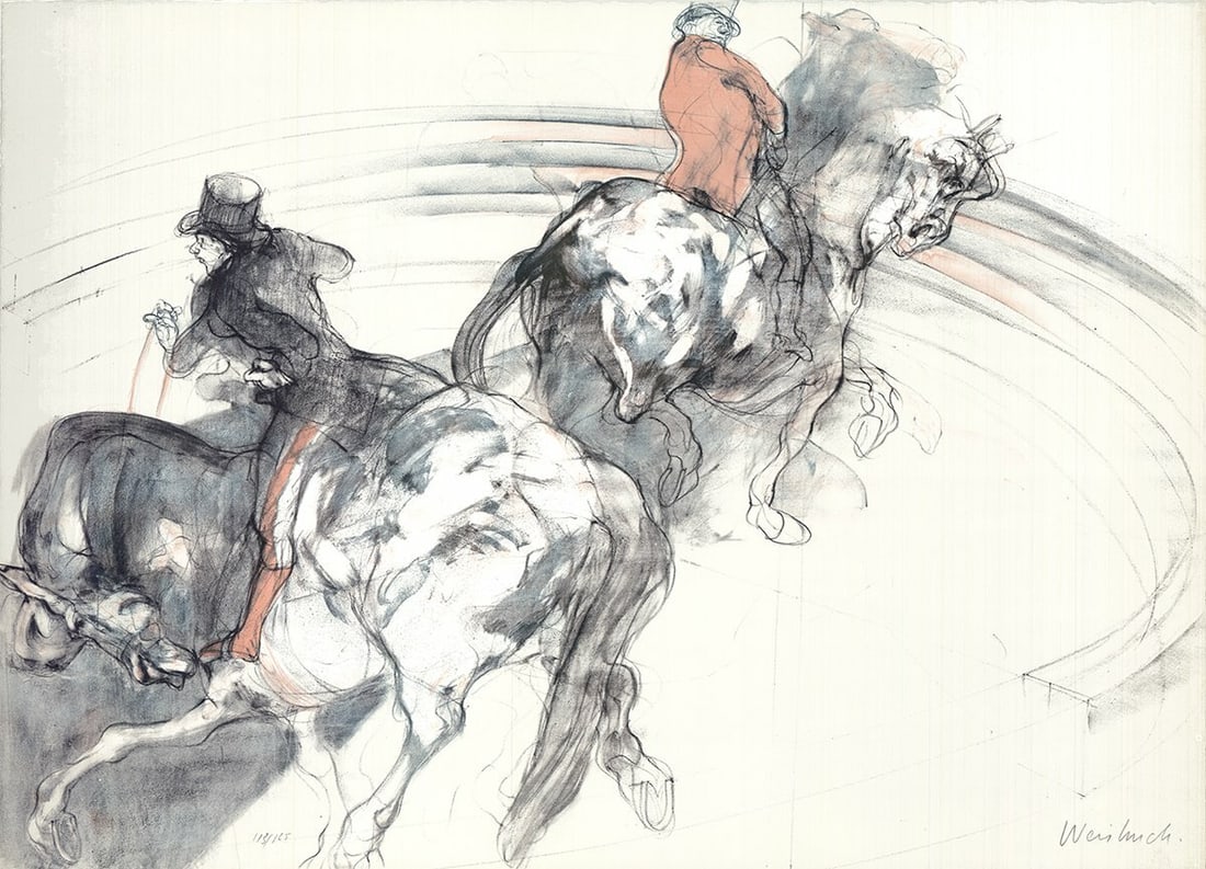 Claude Weisbuch, Two Horsemen (Signed), 21.5" x 30", Lithograph, 1985, Modernism: Claude Weisbuch, Two Horsemen (Signed), 21.5" x 30", Lithograph, 1985, Modernism Claude Weisbuch's striking lithograph, Two Horsemen, showcases the artist's mastery of modernist style with its bold