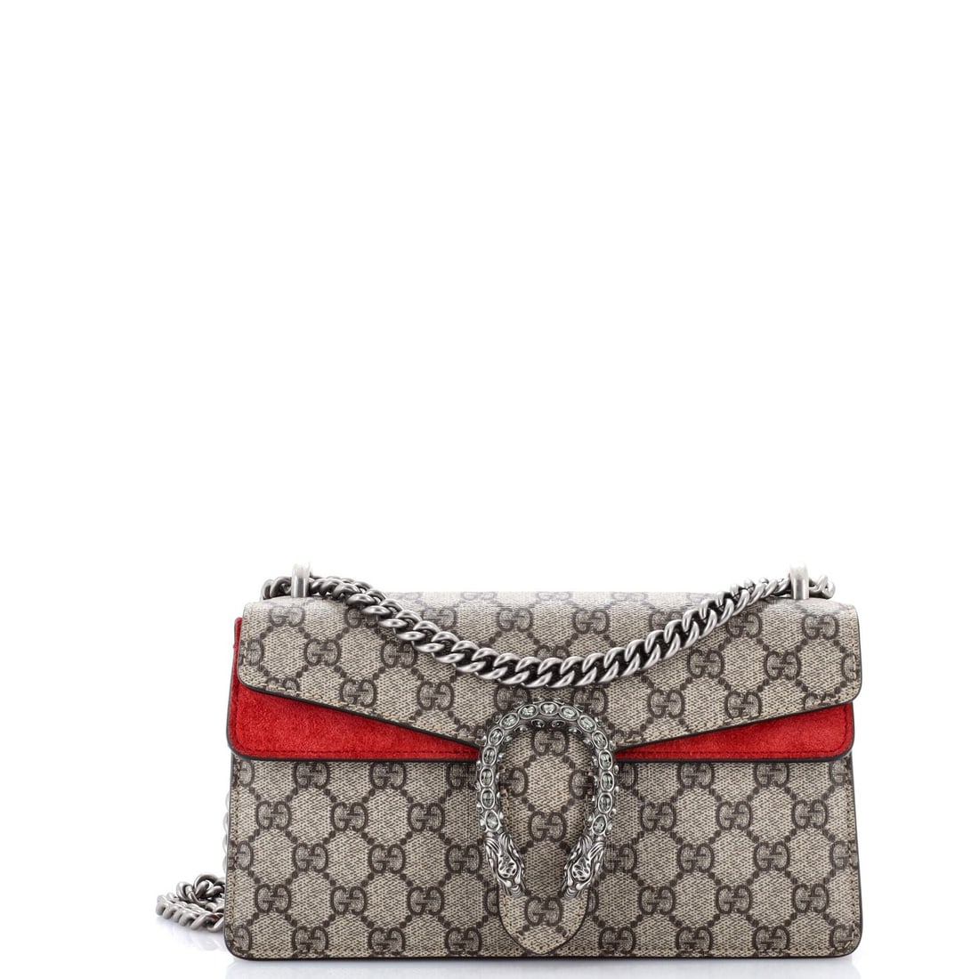 Gucci Dionysus Small GG Coated Canvas Bag with Crystal Embellished Metal: Gucci Dionysus Small GG Coated Canvas Bag with Crystal Embellished Metal Elevate your style with the iconic Gucci Dionysus Small GG Coated Canvas Bag, boasting a striking red exterior adorned with cry