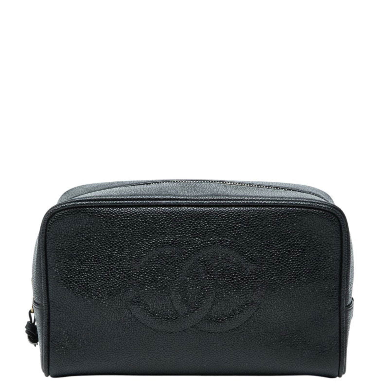 Calfskin Chanel Pouch Grained: Calfskin Chanel Pouch Grained A chic and timeless Chanel pouch, crafted from rich grained calfskin, adds an air of sophistication to any outfit. With its sleek black finish and classic design, this
