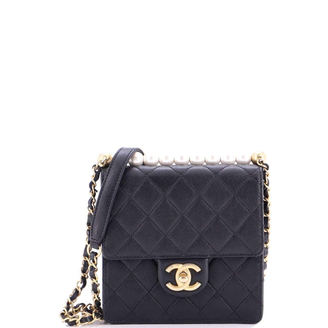 Mini Chanel Chic Pearls Flap Bag Quilted Goatskin: Mini Chanel Chic Pearls Flap Bag Quilted Goatskin A miniature masterpiece from the iconic House of Chanel, this Mini Chic Pearls Flap Bag is a chic and sophisticated accessory that exudes timeless