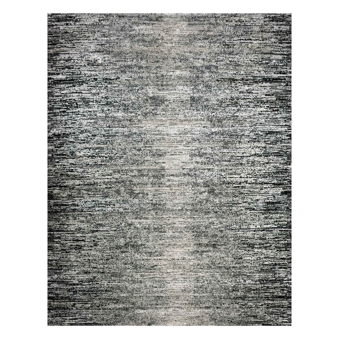 Rug 8'x10'3" Domino Black Modern Wool and Silk Striae Design Hand Knotted: Rug 8'x10'3" Domino Black Modern Wool and Silk Striae Design Hand Knotted Experience the rich textures and timeless elegance of India's finest craftsmanship with this stunning 8'x10'3" hand-knotted