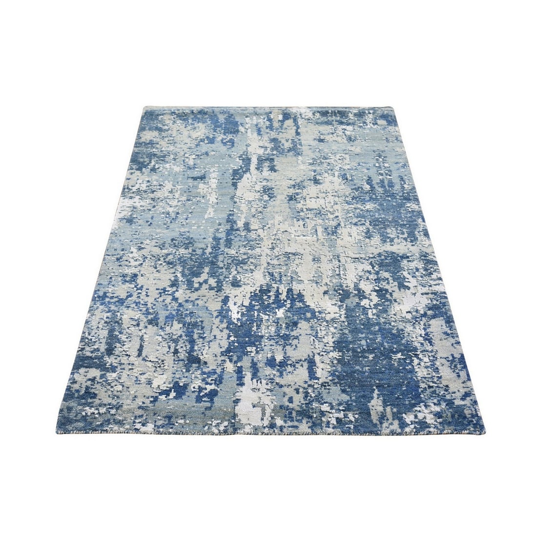 Rug 3'1"x5'1" Abstract Design Hi-low Pile Wool and Pure Silk Hand Knotted: Rug 3'1"x5'1" Abstract Design Hi-low Pile Wool and Pure Silk Hand Knotted Experience the rich textures and vibrant hues of India's ancient traditions with this stunning hand-knotted abstract rug, expe