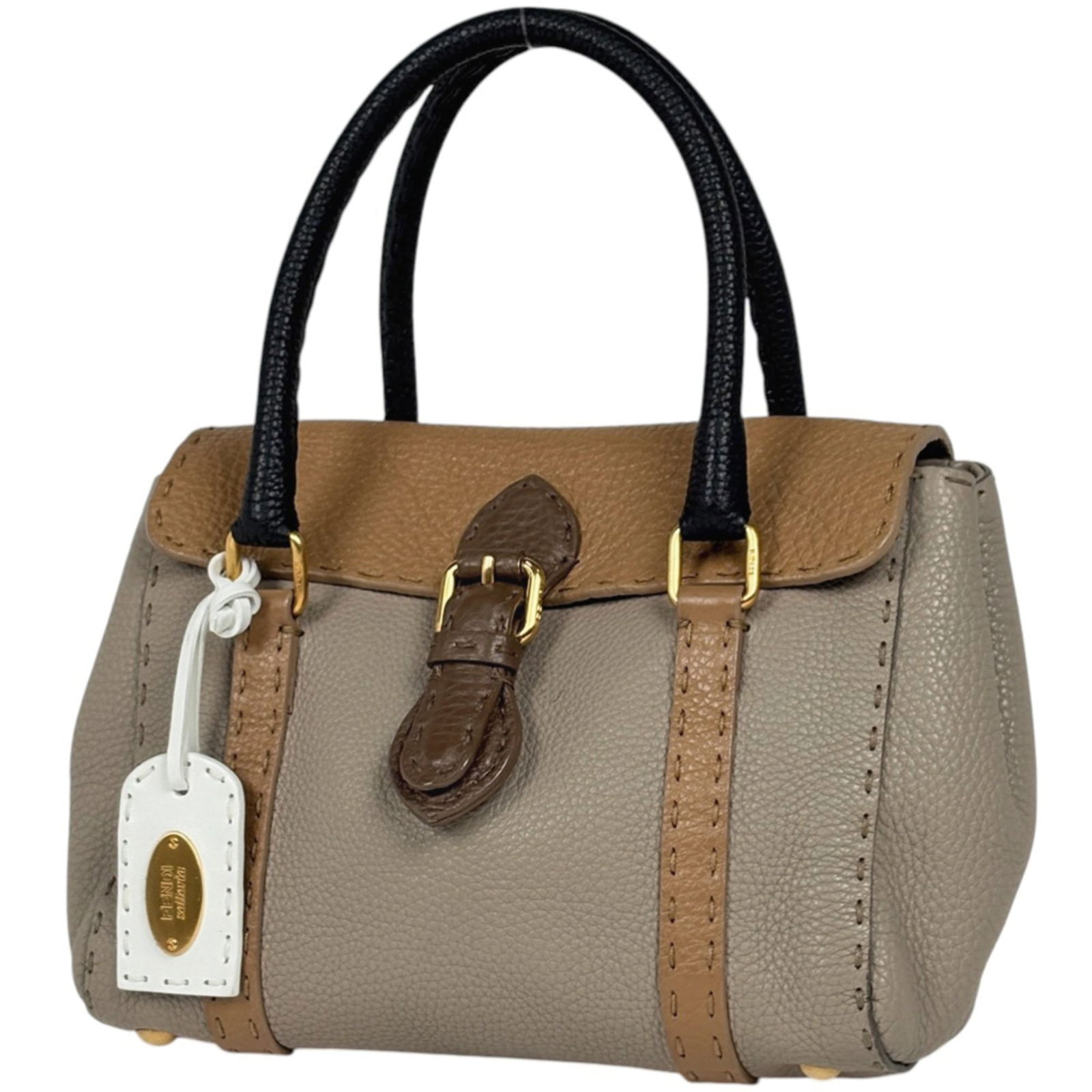 Leather Fendi Handbag: Leather Fendi Handbag A timeless piece of luxury, this pre-owned Fendi leather handbag boasts classic style with a sophisticated beige and black color combination. With its sturdy 9cm height and