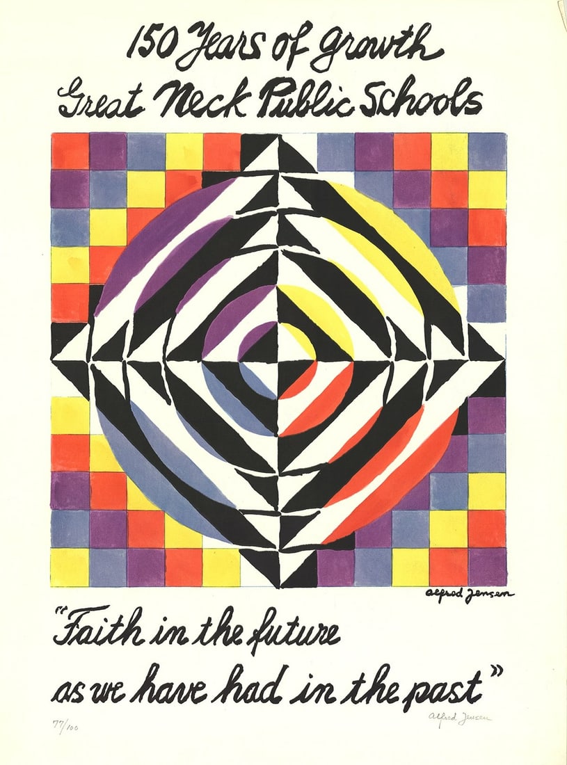 S ALFRED JENSEN 150 Years of Growth Great Neck Public Schools SIGNED 40" x 29.5": S ALFRED JENSEN 150 Years of Growth Great Neck Public Schools SIGNED 40" x 29.5" Alfred Jensen's iconic serigraph, "150 Years of Growth Great Neck Public Schools," stands as a testament to the artist'
