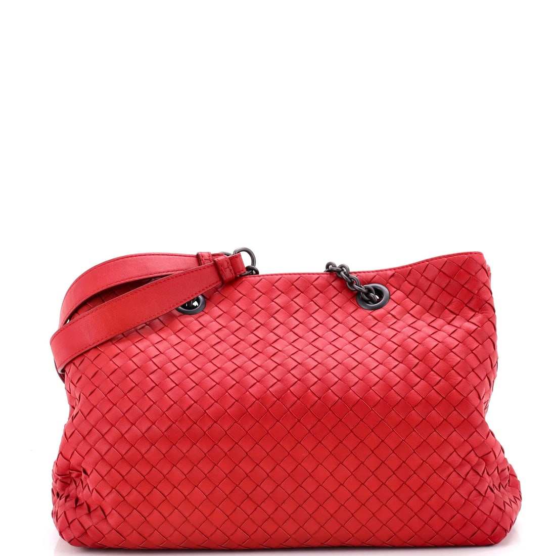 Bottega Veneta Double Chain Tote in Intrecciato Nappa Medium: Bottega Veneta Double Chain Tote in Intrecciato Nappa Medium Experience the timeless elegance of Bottega Veneta's iconic Double Chain Tote, crafted from rich Intrecciato Nappa leather in a bold red