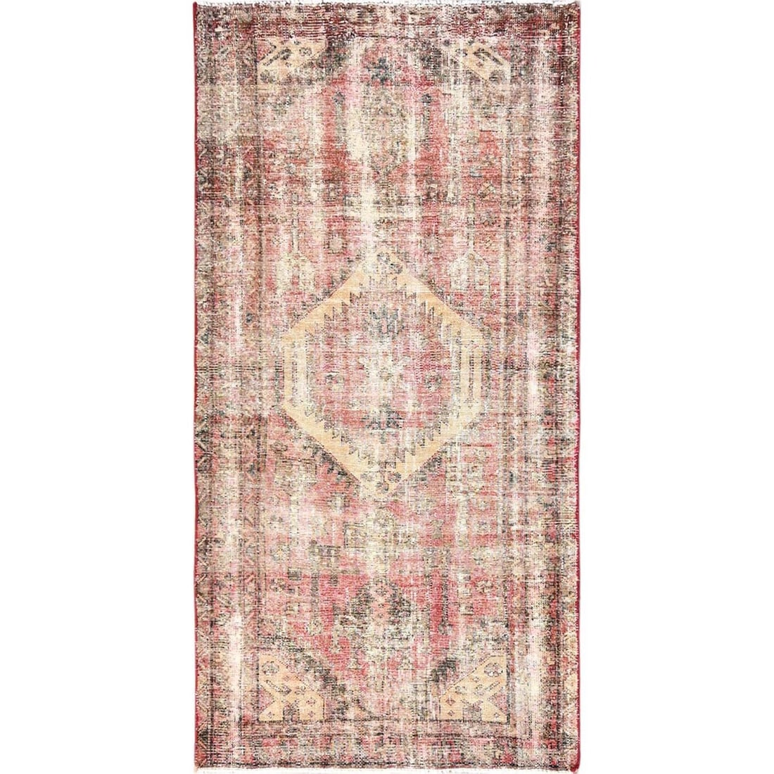 Rug 3'2"x6'5" Red Vintage Zoroastrian Khamadan Hand Knotted Wool Runner: Rug 3'2"x6'5" Red Vintage Zoroastrian Khamadan Hand Knotted Wool Runner Experience the rich cultural heritage of Turkey with this stunning 1950s vintage Red Zoroastrian Khamadan hand-knotted wool