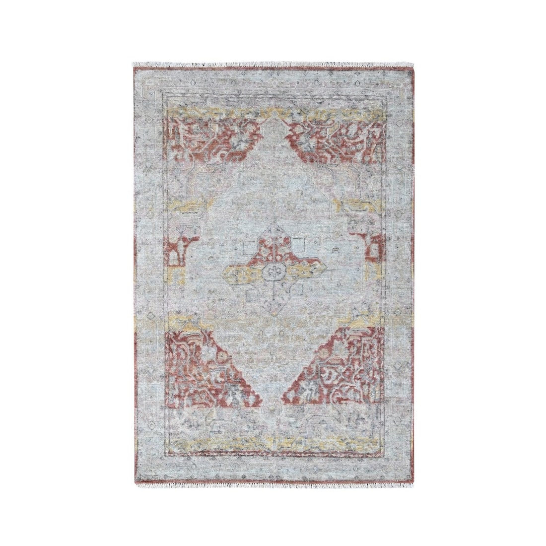Wool Hand Knotted Rug 3'10"x6' Ivory Ziegler Mahal with Oushak Design Pure: Wool Hand Knotted Rug 3'10"x6' Ivory Ziegler Mahal with Oushak Design Pure Experience the timeless beauty of Indian craftsmanship with this stunning 2000-year-old Wool Hand Knotted Rug, boasting an