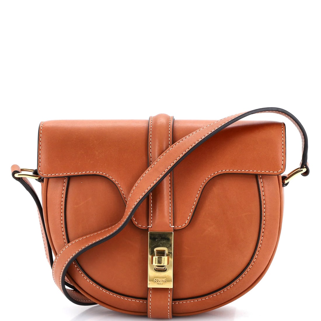 Celine Besace 16" Smooth Calfskin Medium Bag: Celine Besace 16" Smooth Calfskin Medium Bag Experience the timeless elegance of Celine's Besace 16" Smooth Calfskin Medium Bag, boasting a rich brown leather exterior with subtle gold hardware and