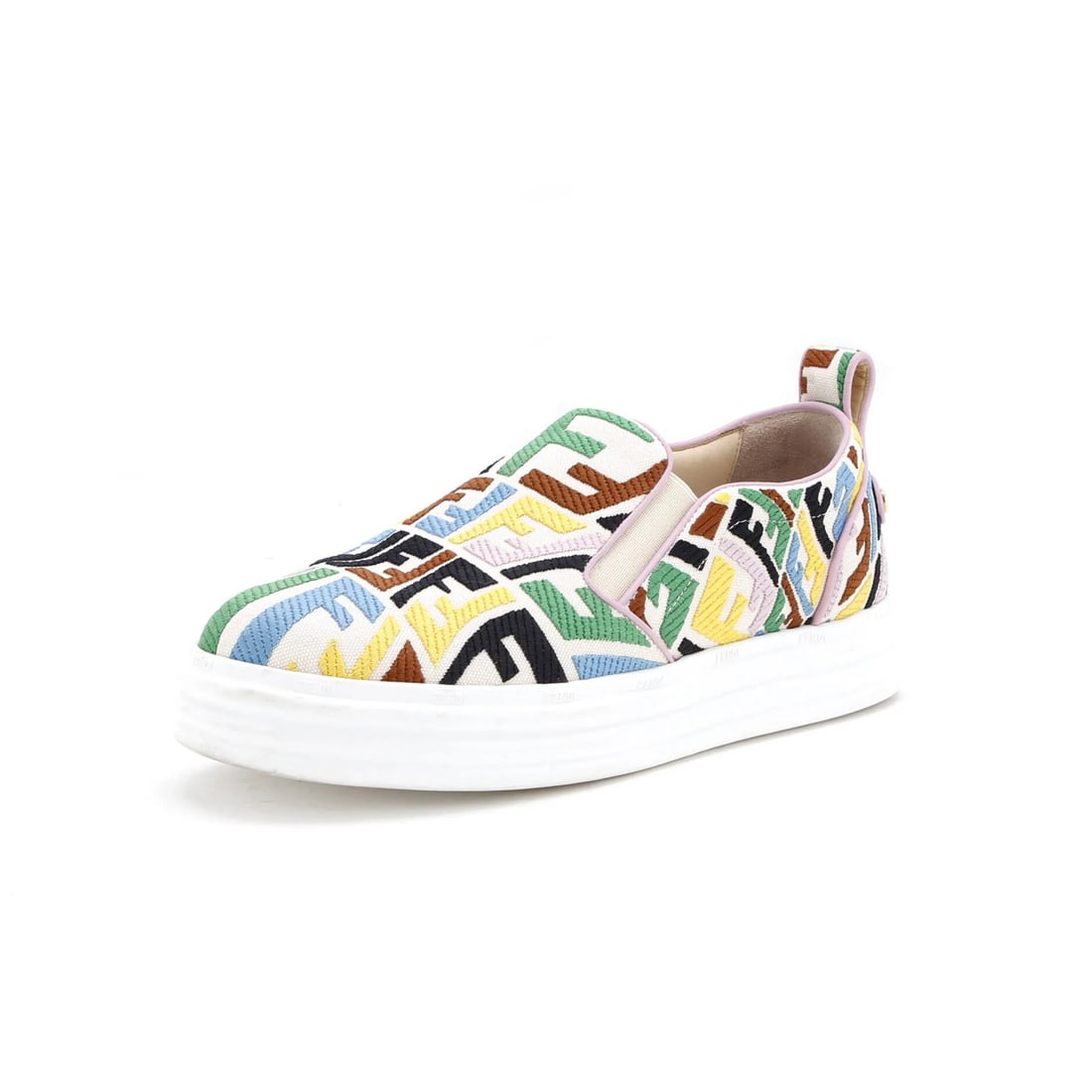 Fendi Women's Rise Slip-On Sneakers in Vertigo Zucca Cotton: Fendi Women's Rise Slip-On Sneakers in Vertigo Zucca Cotton Elevate your shoe game with the Fendi Rise Slip-On Sneakers in Vertigo Zucca Cotton, boasting a neutral multicolor upper made from soft