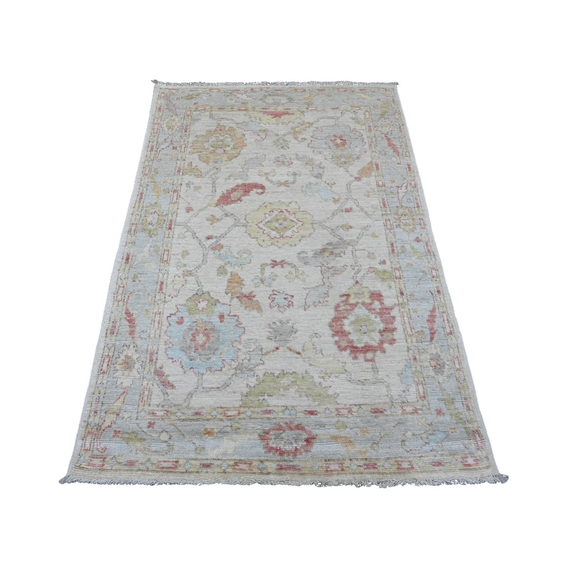 Rug 3'10"x5'10" White Hand Knotted Afghan Angora Oushak Leaf Design Wool: Rug 3'10"x5'10" White Hand Knotted Afghan Angora Oushak Leaf Design Wool Experience the rich beauty of traditional Afghan craftsmanship in this stunning hand-knotted Oushak rug, featuring an