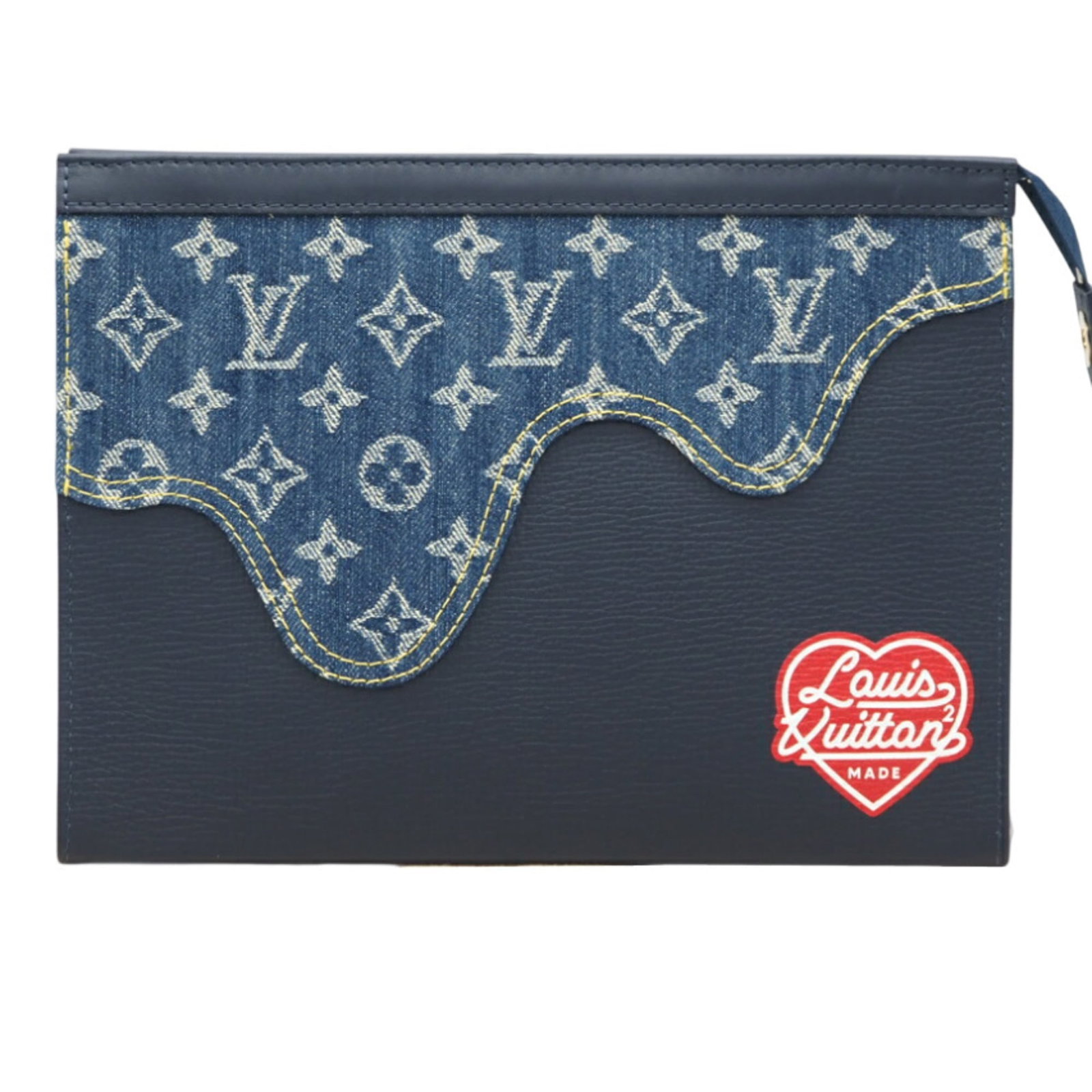 Louis Vuitton Denim Leather Clutch Bag: Louis Vuitton Denim Leather Clutch Bag Elevate your evening look with the iconic Louis Vuitton Denim Leather Clutch Bag, boasting a striking blue hue and sleek taurillon leather finish. This
