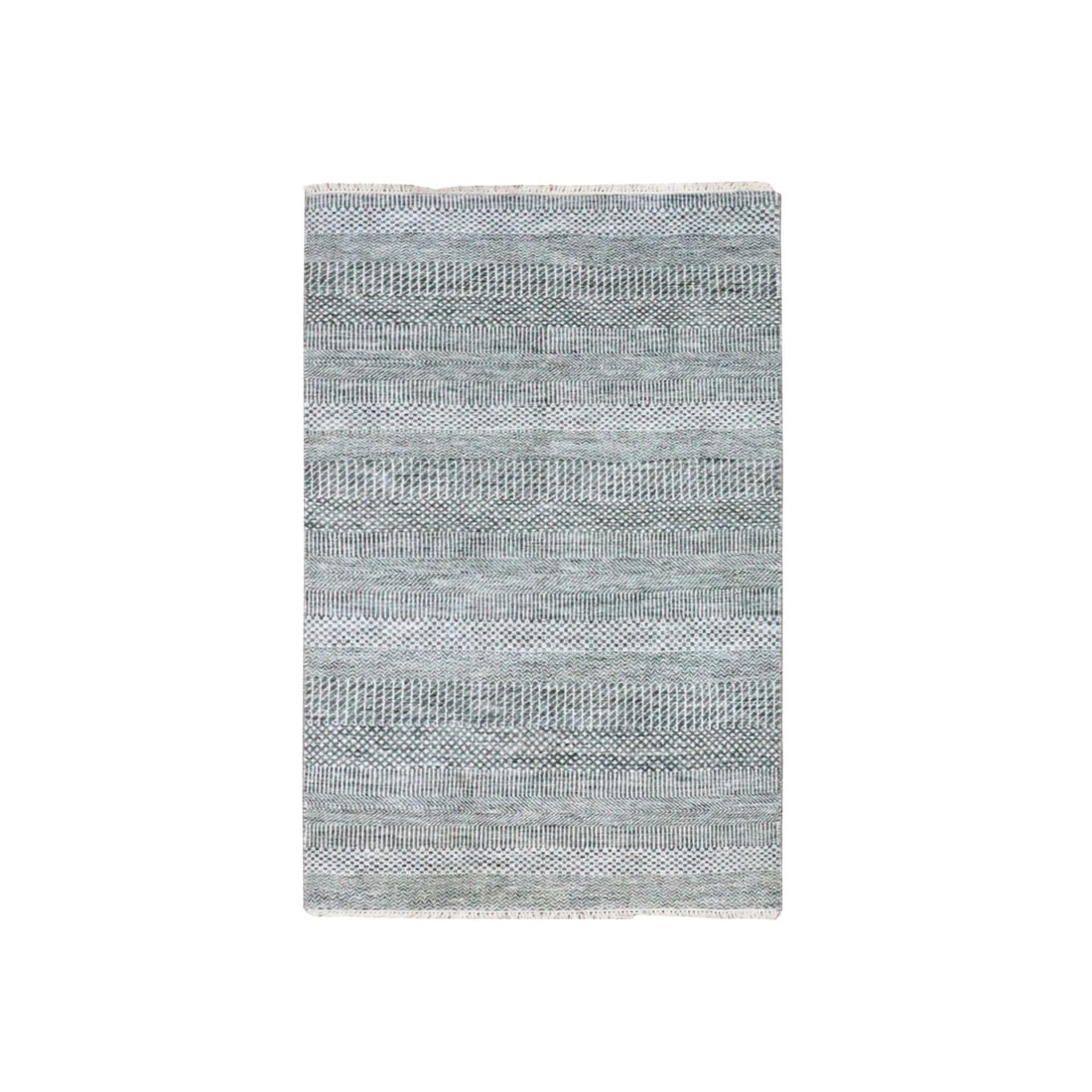 Rug 3'x5'2" Queen Blue Dyed Wool and Silk Hand Knotted Grass Design: Rug 3'x5'2" Queen Blue Dyed Wool and Silk Hand Knotted Grass Design Experience the rich beauty of Indian craftsmanship with this stunning 3'x5'2" hand-knotted rug, expertly woven from wool and silk to