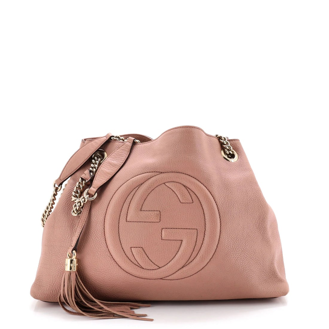 Gucci Soho Chain Strap Shoulder Bag in Medium Leather: Gucci Soho Chain Strap Shoulder Bag in Medium Leather The Gucci Soho Chain Strap Shoulder Bag is a stunning pink leather accessory that exudes effortless chic. With its signature chain strap and sleek