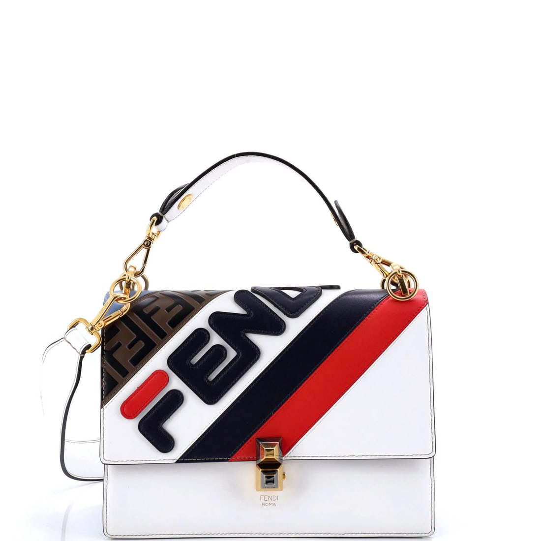 Fendi Kan I Bag - Inlaid Leather Medium: Fendi Kan I Bag - Inlaid Leather Medium Experience the iconic Fendi Kan I Bag, where bold colors and sleek design come together in perfect harmony. This medium-sized masterpiece boasts an inlaid