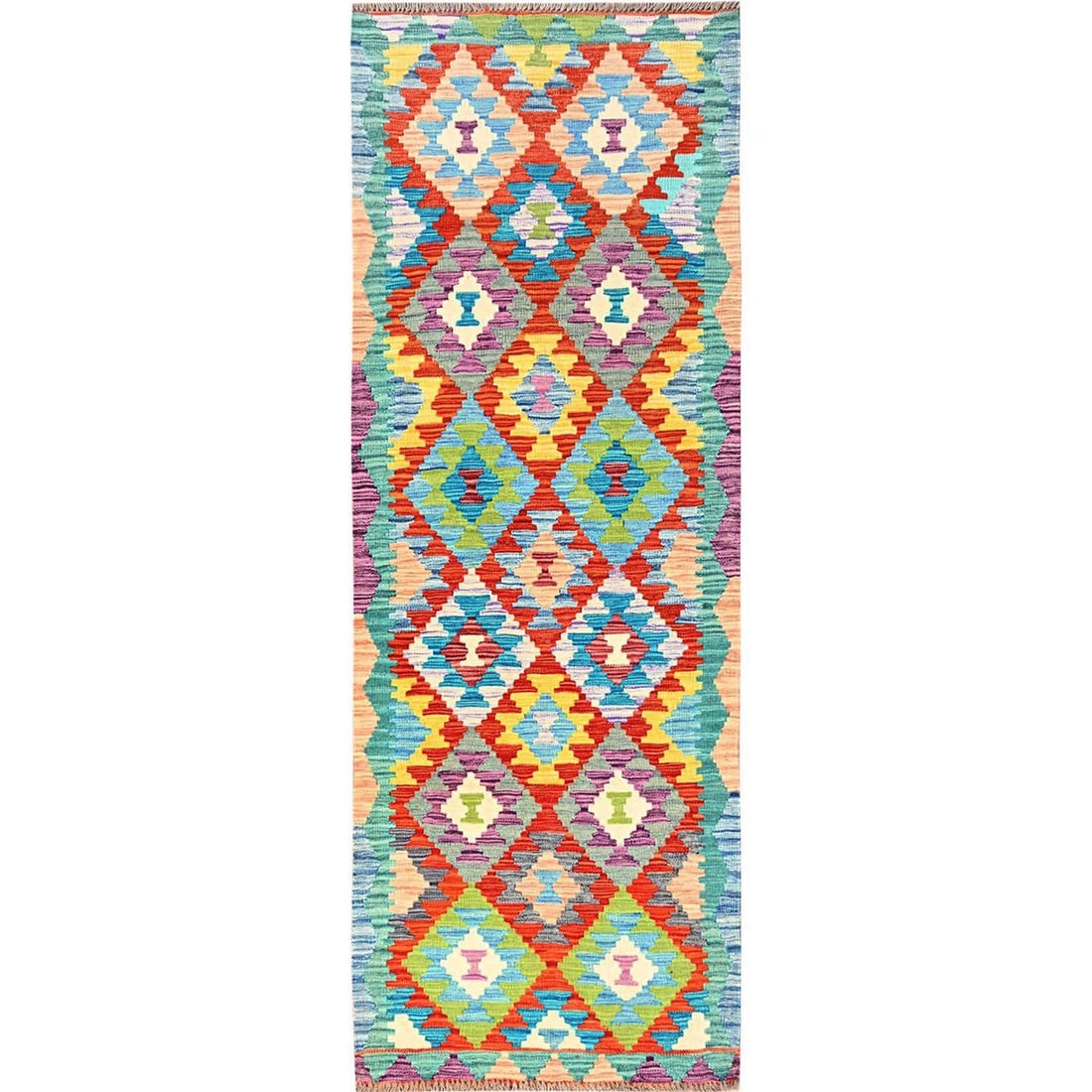 Runner 2'9"x8'2" Colorful Afghan Kilim 100% Wool Rug Flat Weave Hand Woven: Runner 2'9"x8'2" Colorful Afghan Kilim 100% Wool Rug Flat Weave Hand Woven Experience the vibrant colors and intricate patterns of traditional Afghan kilim craftsmanship in this stunning 100% wool run
