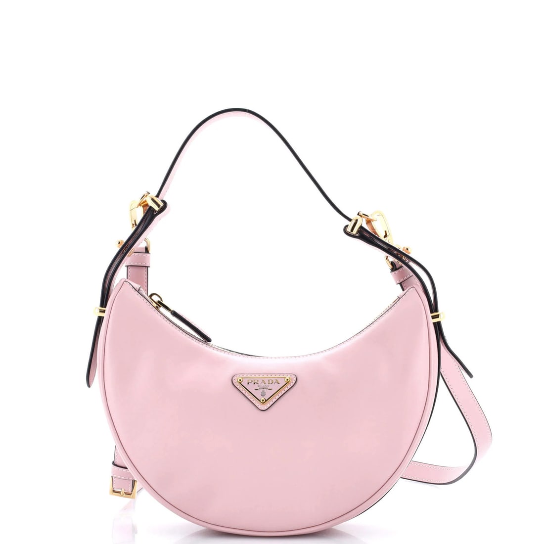 Small Prada Arque Half Moon Hobo Leather: Small Prada Arque Half Moon Hobo Leather A stunning Small Prada Arque Half Moon Hobo Leather bag, boasting sleek pink leather exterior and rich gold hardware, is up for grabs. With its classic hobo de