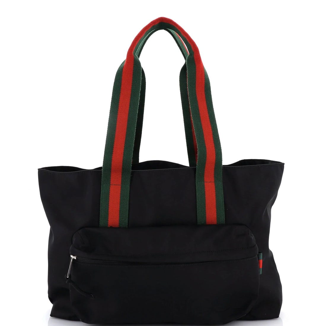 Gucci Logo Web Pocket Tote in Large Embossed Nylon: Gucci Logo Web Pocket Tote in Large Embossed Nylon Elevate your style with the iconic Gucci Logo Web Pocket Tote, boasting a striking black embossed nylon exterior and sleek silver hardware. This