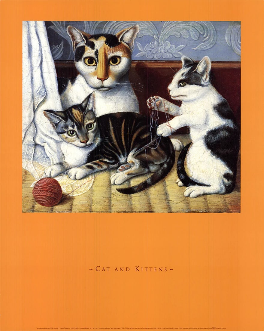 Artist Unknown - 20" x 16" Offset Lithograph of Cat and Kittens (1994): Artist Unknown - 20" x 16" Offset Lithograph of Cat and Kittens (1994) A charming offset lithograph of a cat and kittens, created in 1994 by an artist whose name remains a delightful mystery.