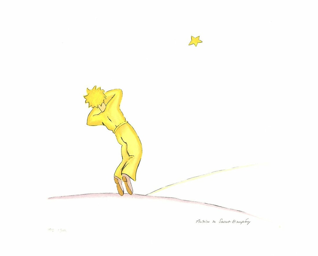20 ANTOINE DE SAINT EXUPERY The Little Prince Yawning 15.75" x 19.75" Lithograph: 20 ANTOINE DE SAINT EXUPERY The Little Prince Yawning 15.75" x 19.75" Lithograph A stunning modern lithograph of the iconic scene from Antoine de Saint Exup?ry's beloved classic, The Little Prince,