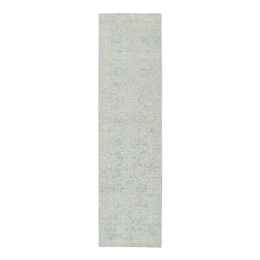 Rug 2'8"x10' Gray Tebraz Wool and Silk Jacquard Hand Loomed Runner: Rug 2'8"x10' Gray Tebraz Wool and Silk Jacquard Hand Loomed Runner Experience the rich textures and vibrant colors of India with this stunning 10' gray Tebraz wool and silk jacquard hand loomed