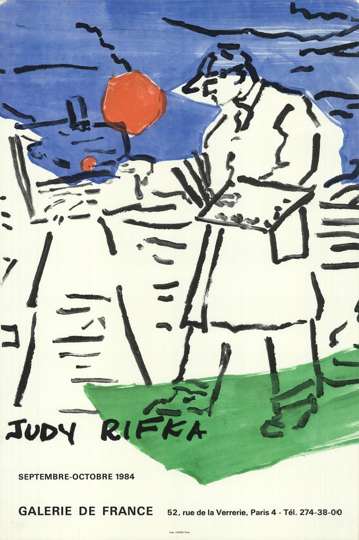 Contemporary JUDY RIFKA Galerie De France 23.75" x 15.75" Offset Lithograph 1984: Contemporary JUDY RIFKA Galerie De France 23.75" x 15.75" Offset Lithograph 1984 Experience the vibrant energy of Judy Rifka's 1984 offset lithograph, Galerie De France, a striking representation of