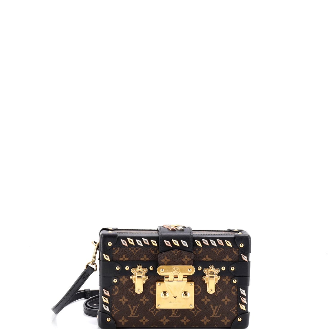 Louis Vuitton Petite Malle Studded Monogram Canvas Handbag: Louis Vuitton Petite Malle Studded Monogram Canvas Handbag Own the epitome of luxury with this stunning Louis Vuitton Petite Malle Studded Monogram Canvas Handbag, boasting sleek black and brown