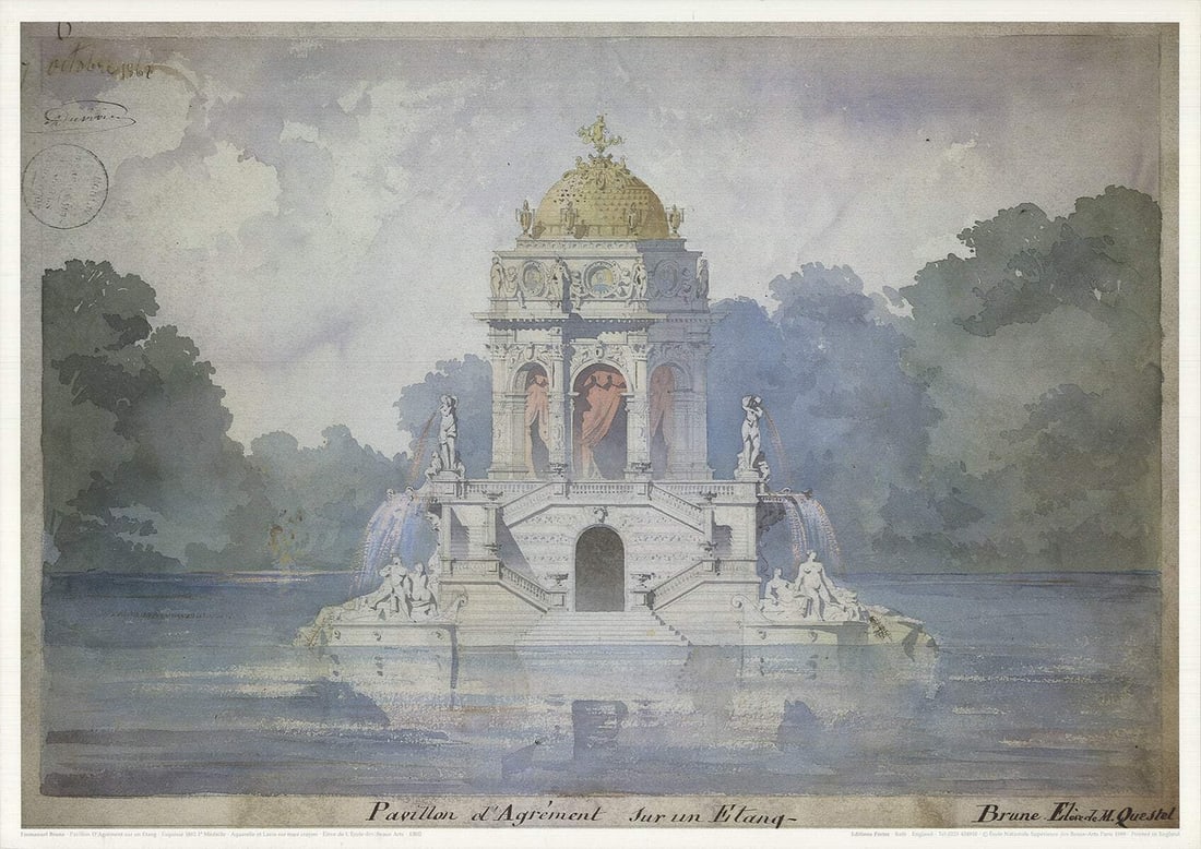 Lithogra EMMANUEL BRUNE Pavillion D'agrement sur un Etang 19.25" x 27.25" Offset: Lithogra EMMANUEL BRUNE Pavillion D'agrement sur un Etang 19.25" x 27.25" Offset Emmanuel Brune's stunning offset lithograph, Pavillion D'agrement sur un Etang, showcases the artist's mastery of captu