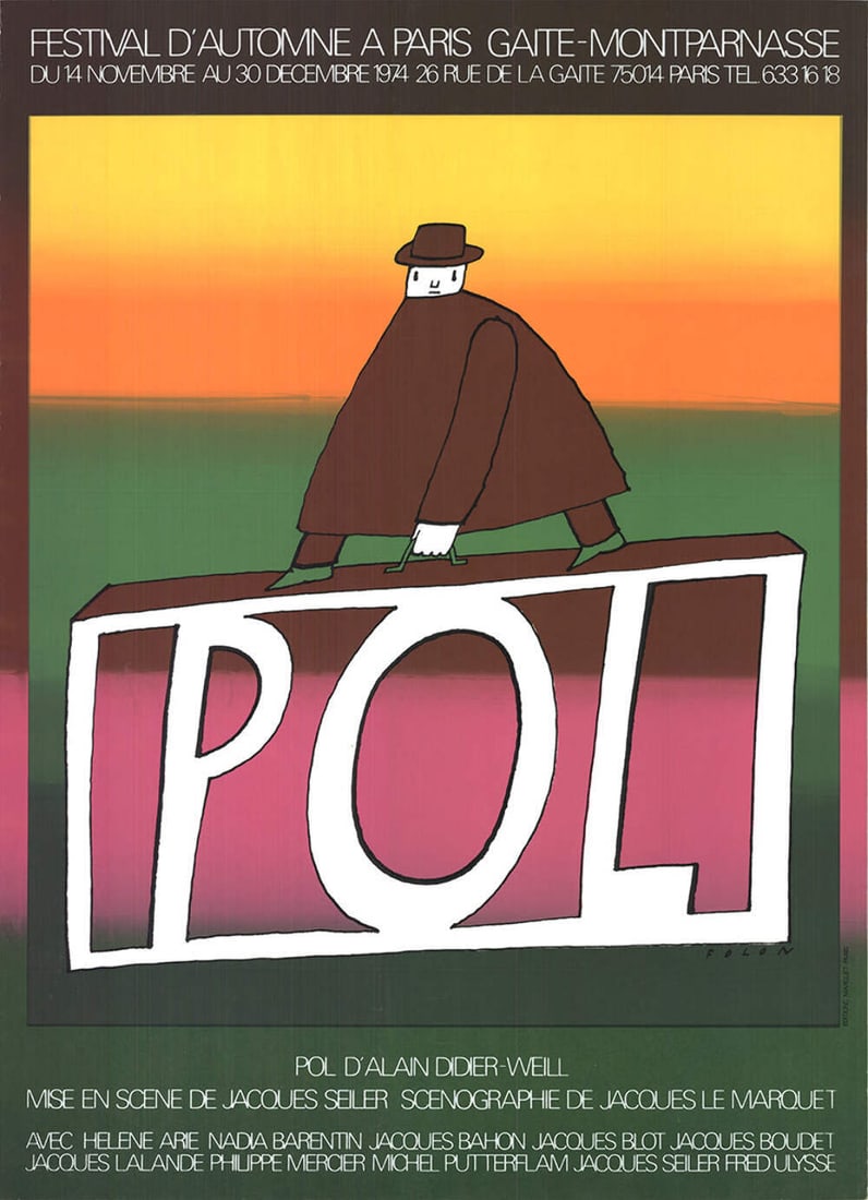 G JEAN-MICHEL FOLON POL 30.25" x 22" Serigraph 1974 Surrealism Multicolor Pink: G JEAN-MICHEL FOLON POL 30.25" x 22" Serigraph 1974 Surrealism Multicolor Pink A stunning example of 1970s Surrealist art, Jean-Michel Folon's 'POL' serigraph from 1974 is a vibrant and colorful