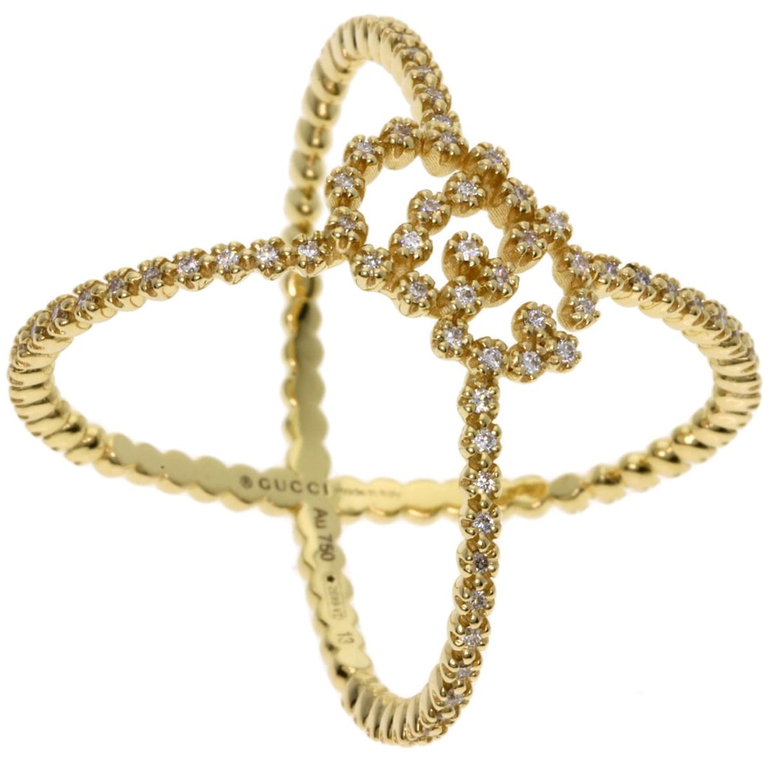 Gold GUCCI GG Running Diamond #13 Ring K18 Yellow: Gold GUCCI GG Running Diamond #13 Ring K18 Yellow Experience the luxury of GUCCI's iconic GG Running Diamond ring, expertly crafted in 18k yellow gold (K18) for unparalleled durability and shine.