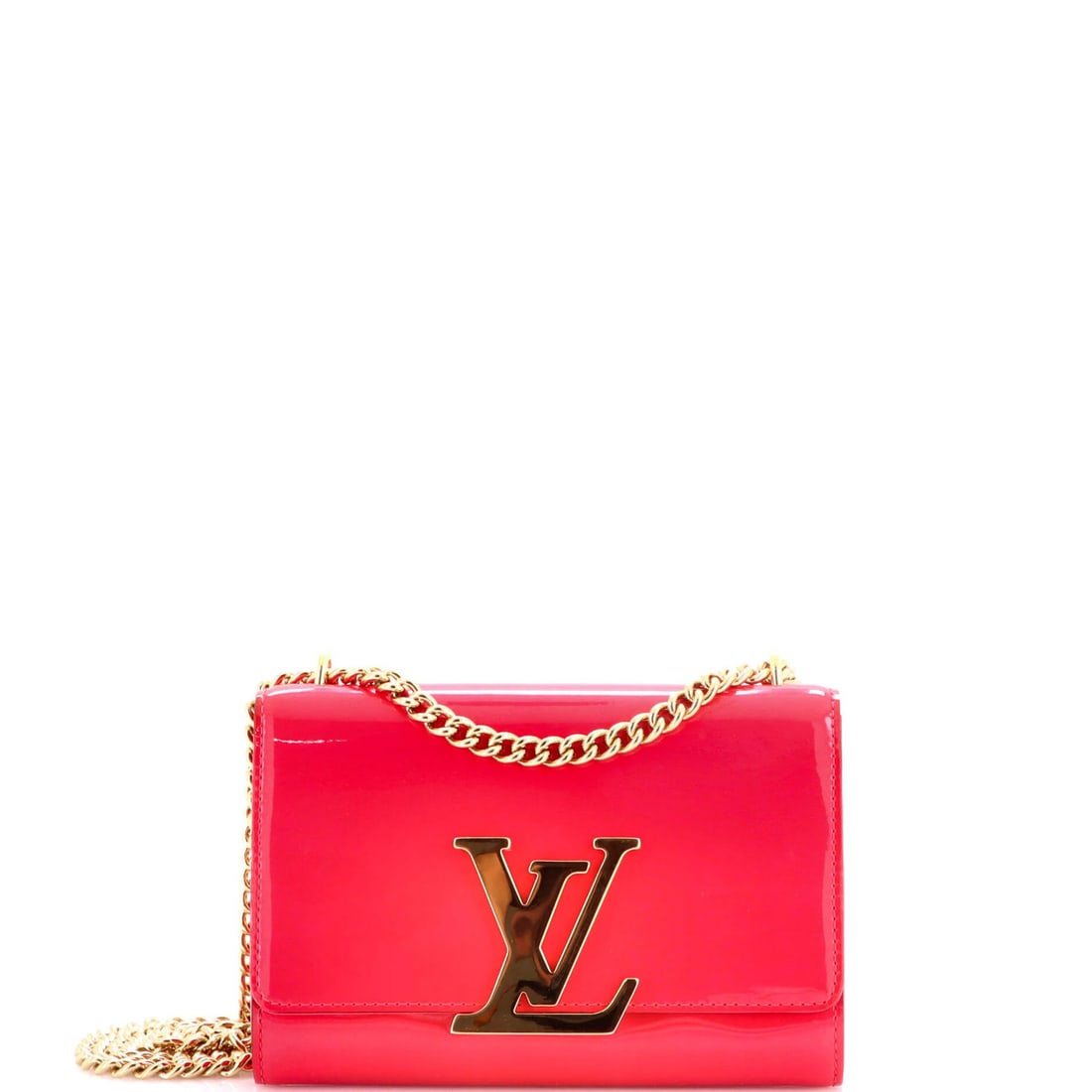 Louis Vuitton Patent MM Chain Clutch: Louis Vuitton Patent MM Chain Clutch Elevate your evening look with the iconic Louis Vuitton Patent MM Chain Clutch, boasting sleek patent leather exterior in vibrant pink and a sturdy gold chain