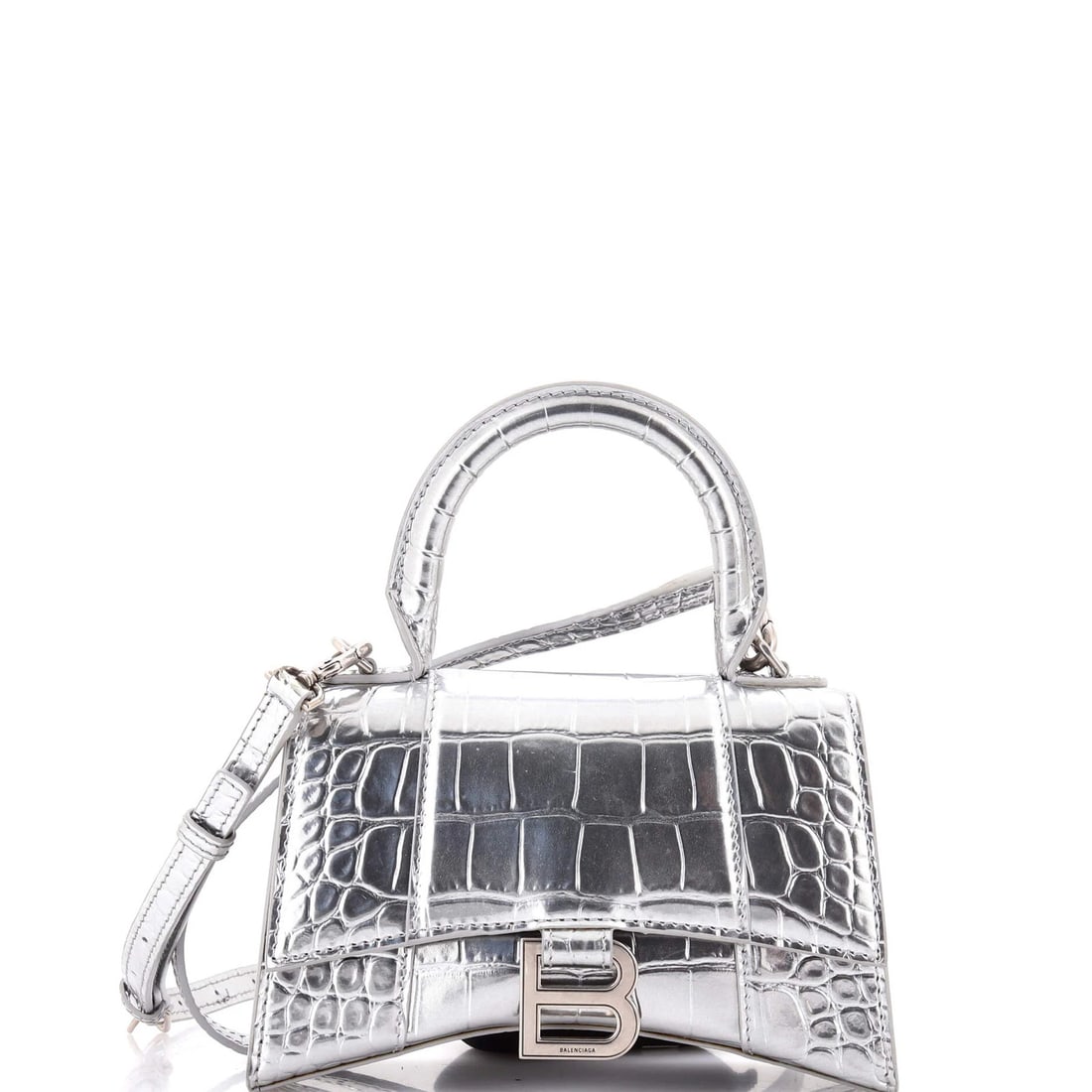 Balenciaga Hourglass Top Handle Bag - Crocodile Embossed Leather, XS: Balenciaga Hourglass Top Handle Bag - Crocodile Embossed Leather, XS Experience the epitome of luxury with this exquisite Balenciaga Hourglass Top Handle Bag, crafted from rich crocodile embossed