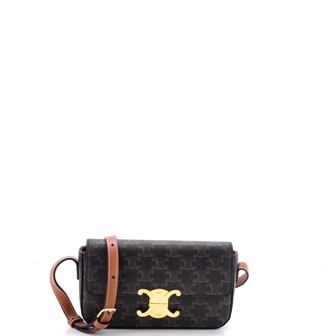 Celine Triomphe East-West Shoulder Bag in Triomphe Coated Canvas: Celine Triomphe East-West Shoulder Bag in Triomphe Coated Canvas The Celine Triomphe East-West Shoulder Bag is a timeless piece of luxury, boasting a rugged canvas coated exterior in rich brown and