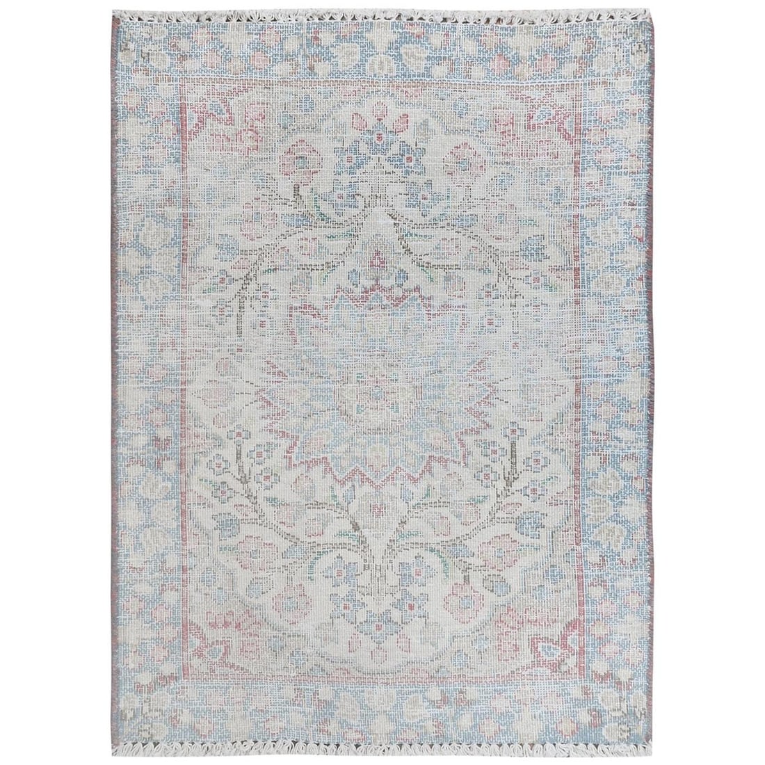 Rug 2'x2'7" Ivory Vintage Farsian Karman Worn Wool Hand Knotted Mat: Rug 2'x2'7" Ivory Vintage Farsian Karman Worn Wool Hand Knotted Mat Experience the timeless beauty of a vintage Farsian Karman rug, expertly hand-knotted in worn wool to create a unique and authentic