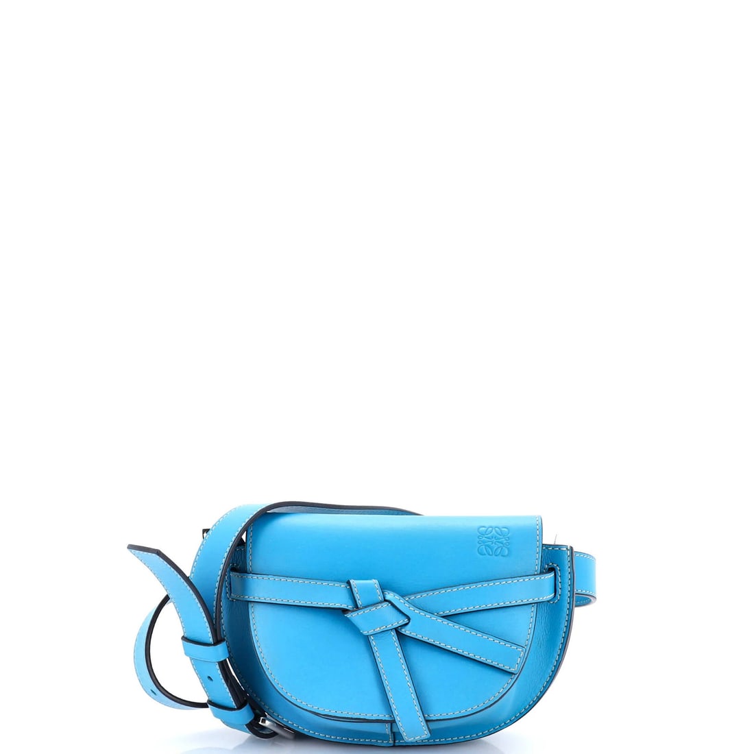 Loewe Mini Leather Gate Belt Bag: Loewe Mini Leather Gate Belt Bag The Loewe Mini Leather Gate Belt Bag is a chic and compact accessory that adds a touch of sophistication to any outfit. With its sleek blue leather exterior, suede int