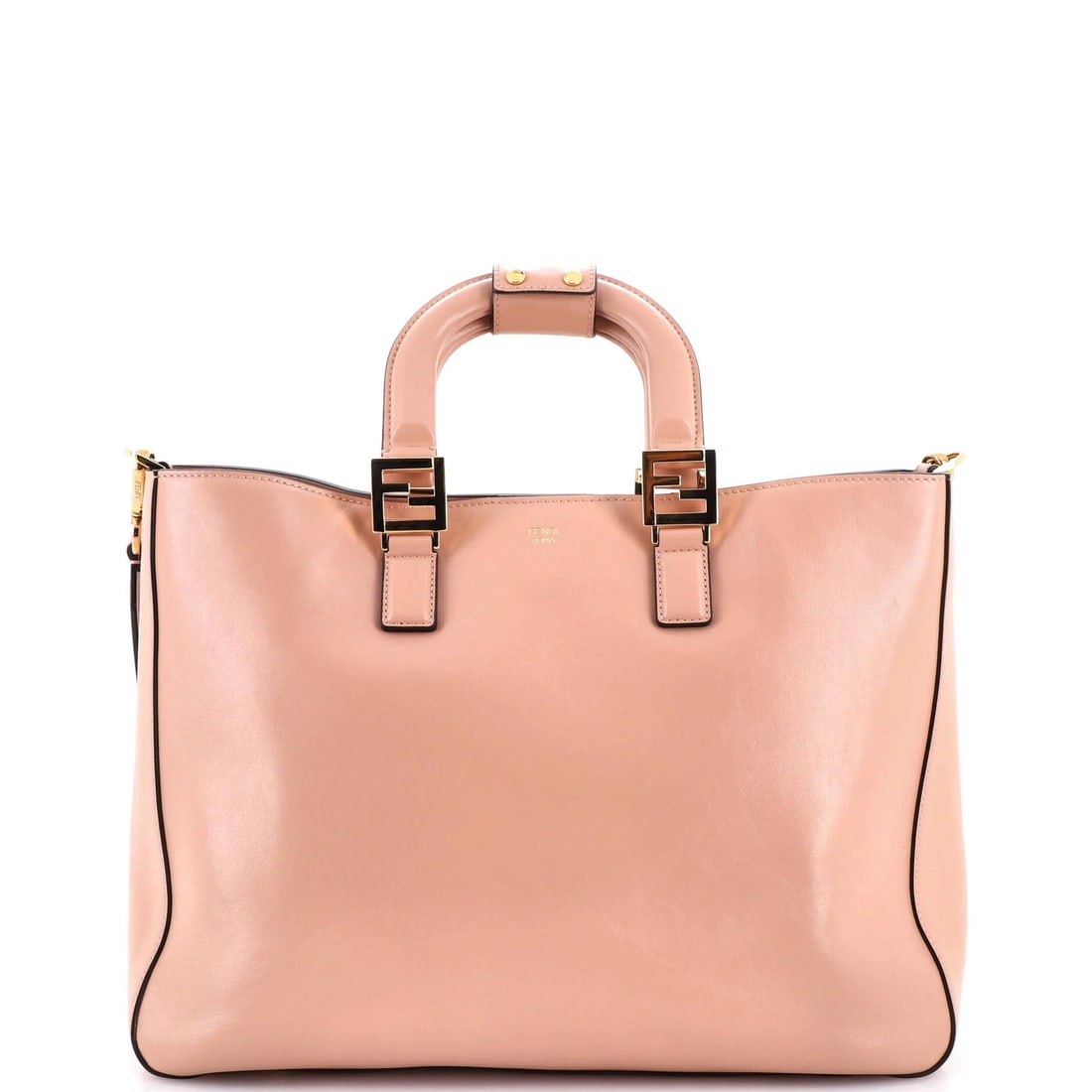 Fendi FF Medium Leather Tote: Fendi FF Medium Leather Tote The Fendi FF Medium Leather Tote is a stunning, pink leather tote that exudes luxury and sophistication. With its signature poignet design and gold hardware, this iconic