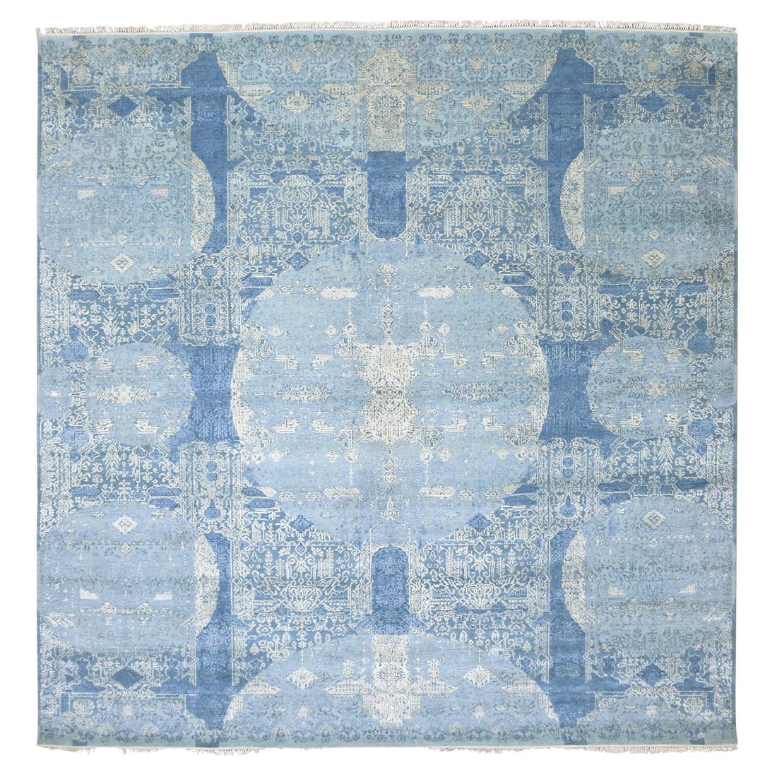Blue, Hand-Knotted Wool & Silk Square Rug (10'2"x10'2"): Blue, Hand-Knotted Wool & Silk Square Rug (10'2"x10'2") Experience the rich beauty of Indian craftsmanship with this stunning, hand-knotted wool and silk square rug, measuring 10'2"x10'2". Its
