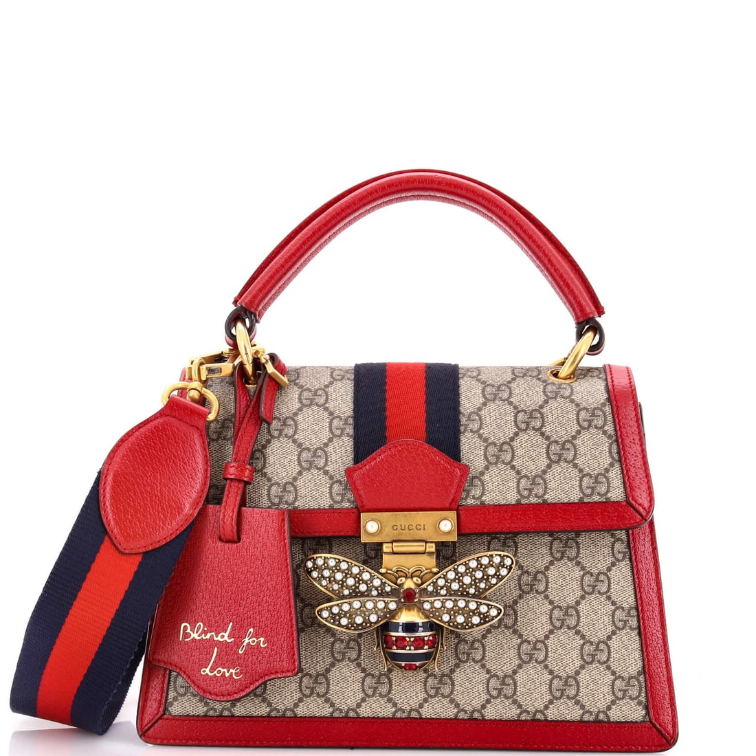 Gucci Queen Margaret Small Top-Handle Bag in GG Coated Canvas and Leather: Gucci Queen Margaret Small Top-Handle Bag in GG Coated Canvas and Leather The Gucci Queen Margaret Small Top-Handle Bag is a timeless piece of luxury, boasting a striking red exterior in GG Coated
