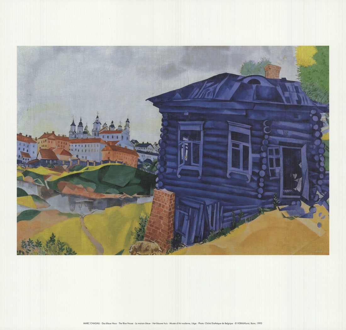 Modernism MARC CHAGALL The Blue House 17" x 17.75" Offset Lithograph 1993: Modernism MARC CHAGALL The Blue House 17" x 17.75" Offset Lithograph 1993 Experience the dreamlike quality of Marc Chagall's iconic "The Blue House", a stunning offset lithograph from 1993. Measuring