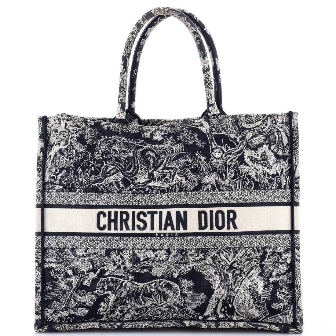 Christian Dior Large Embroidered Canvas Book Tote: Christian Dior Large Embroidered Canvas Book Tote Elevate your daily essentials with the iconic Christian Dior Large Embroidered Canvas Book Tote, boasting a striking blue and white embroidered
