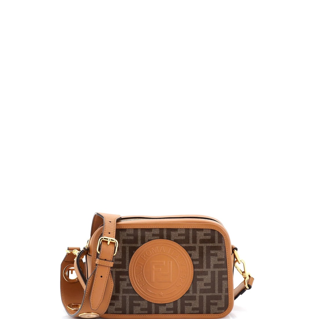 Fendi FF Logo Stamp Camera Bag in Zucca Coated Canvas - Small: Fendi FF Logo Stamp Camera Bag in Zucca Coated Canvas - Small Elevate your everyday style with the iconic Fendi FF Logo Stamp Camera Bag, crafted from durable Zucca Coated Canvas that adds a touch of