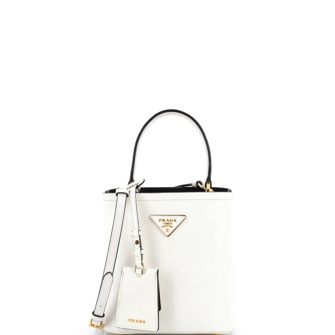 Prada Panier Small Saffiano Leather Bucket Bag: Prada Panier Small Saffiano Leather Bucket Bag The Prada Panier Small Saffiano Leather Bucket Bag is a timeless and sophisticated accessory that exudes elegance with its crisp white exterior and