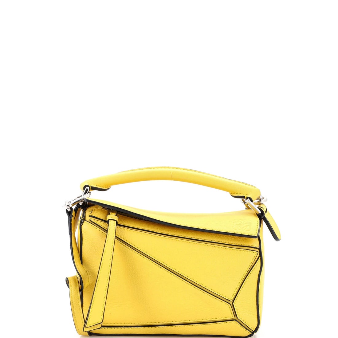 Loewe Mini Leather Puzzle Bag: Loewe Mini Leather Puzzle Bag The Loewe Mini Leather Puzzle Bag is a stylish and functional cross-body bag that exudes effortless chic. With its vibrant yellow exterior, adjustable strap, and neutral