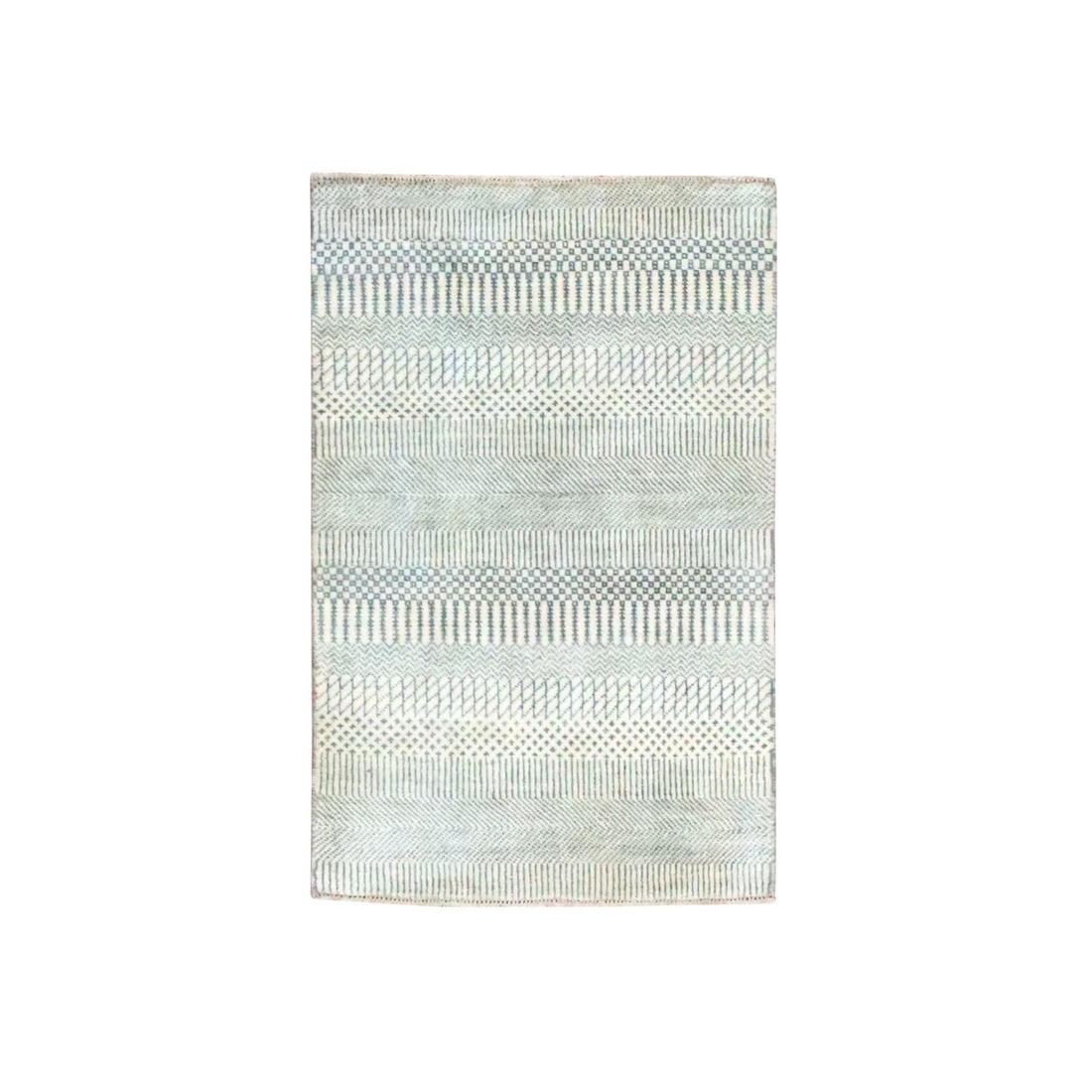 Rug 2'x3' Ivory-Gray Hand Knotted Modern Grass Design Wool and Silk Mat: Rug 2'x3' Ivory-Gray Hand Knotted Modern Grass Design Wool and Silk Mat Experience the timeless elegance of India's rich cultural heritage with this stunning 2'x3' hand-knotted wool and silk rug,