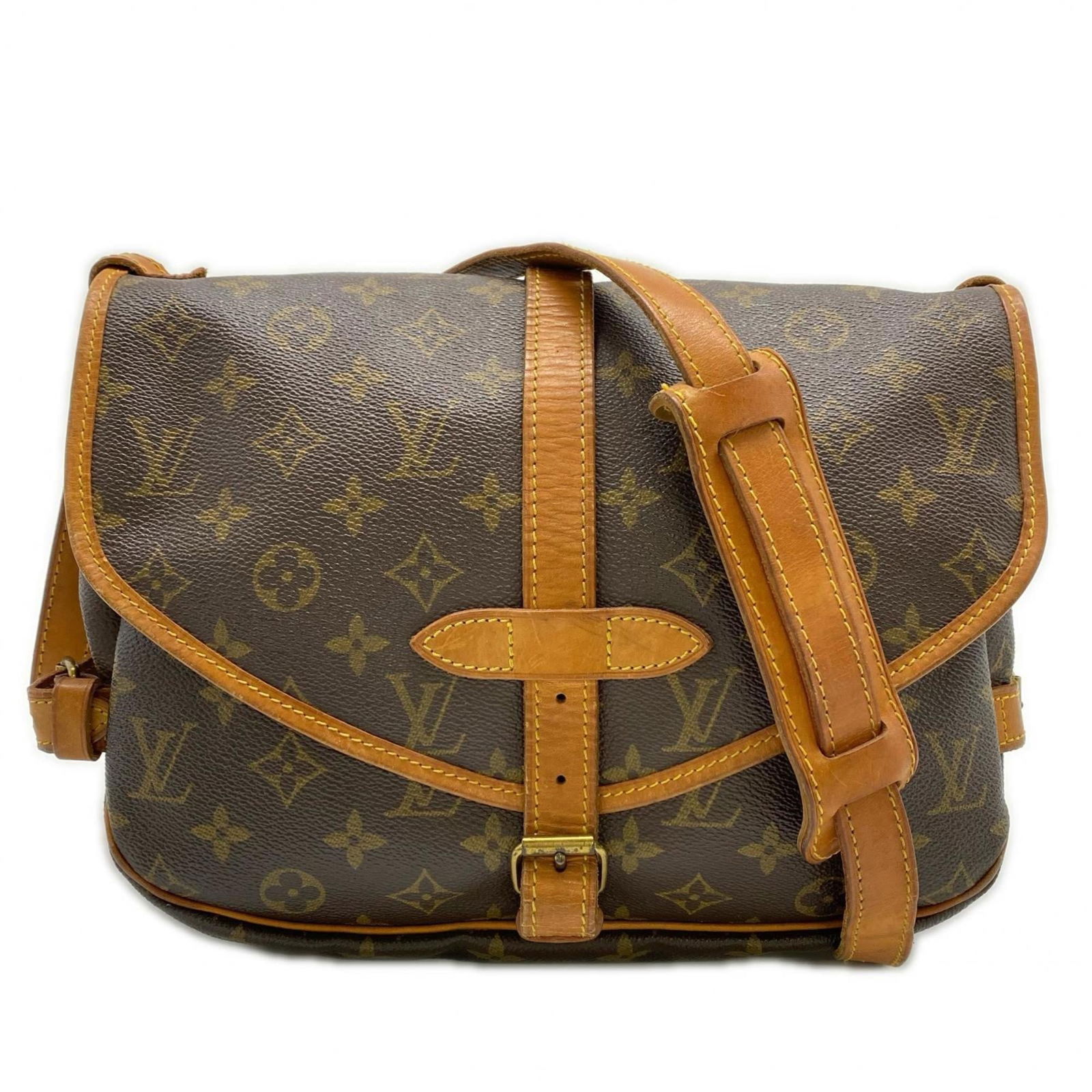 Louis Vuitton Coated Canvas Leather Shoulder Bag: Louis Vuitton Coated Canvas Leather Shoulder Bag A timeless Louis Vuitton shoulder bag, crafted from durable coated canvas and supple leather, boasts an elegant brown hue that adds sophistication to