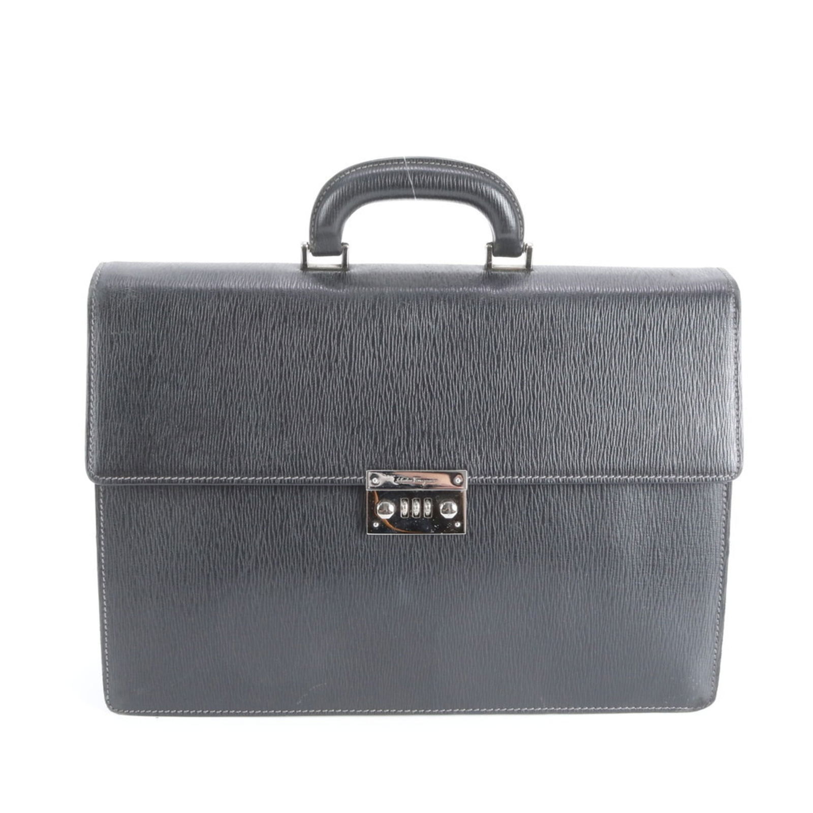 Salvatore Ferragamo Leather Briefcase: Salvatore Ferragamo Leather Briefcase A sleek and sophisticated Salvatore Ferragamo leather briefcase, crafted from high-quality black leather with a classic design that exudes timeless elegance. Its
