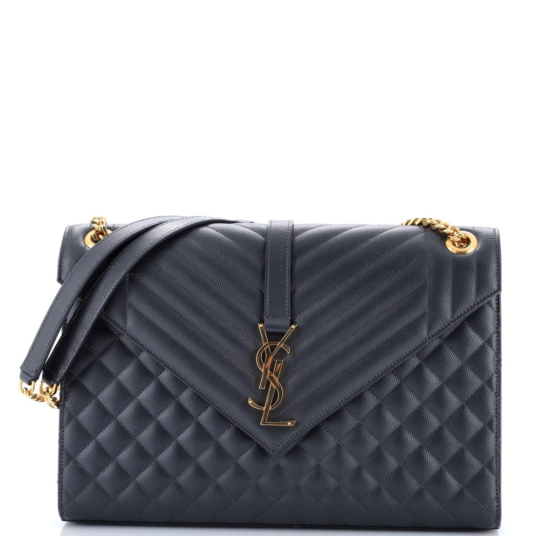 Saint Laurent Classic Monogram Envelope Satchel in Large Matelasse Leather: Saint Laurent Classic Monogram Envelope Satchel in Large Matelasse Leather Experience the timeless elegance of Saint Laurent's Classic Monogram Envelope Satchel, crafted from rich blue matelasse