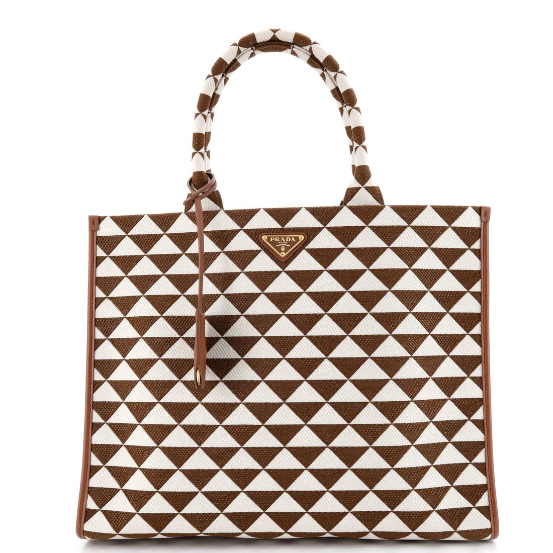 Prada Symbole Shopper Tote in Large Jacquard: Prada Symbole Shopper Tote in Large Jacquard The Prada Symbole Shopper Tote in Large Jacquard is a timeless, high-quality tote that exudes understated elegance. Its rich brown exterior and luxurious i