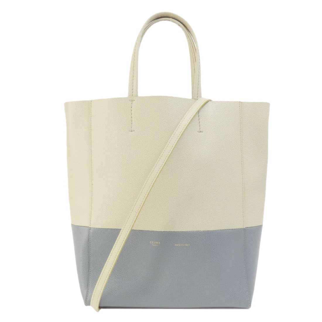 Leather CELINE Vertical Cabas Small 2WAY Handbag: Leather CELINE Vertical Cabas Small 2WAY Handbag Experience the timeless elegance of CELINE with this stunning Vertical Cabas Small 2WAY handbag, crafted from rich cream and light blue leather that